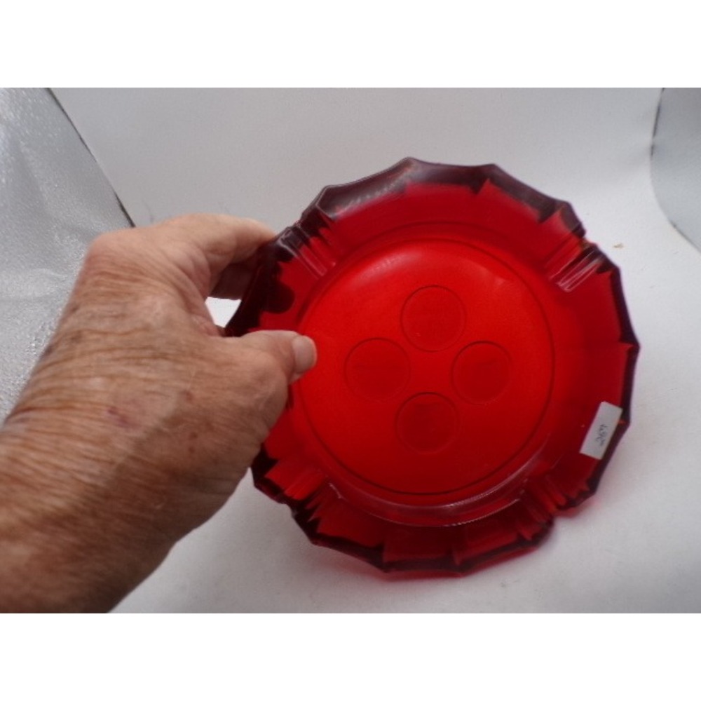 Vintage Ruby Red Glass Ashtray Scalloped Rim Americana Medallions 7.5 Inch